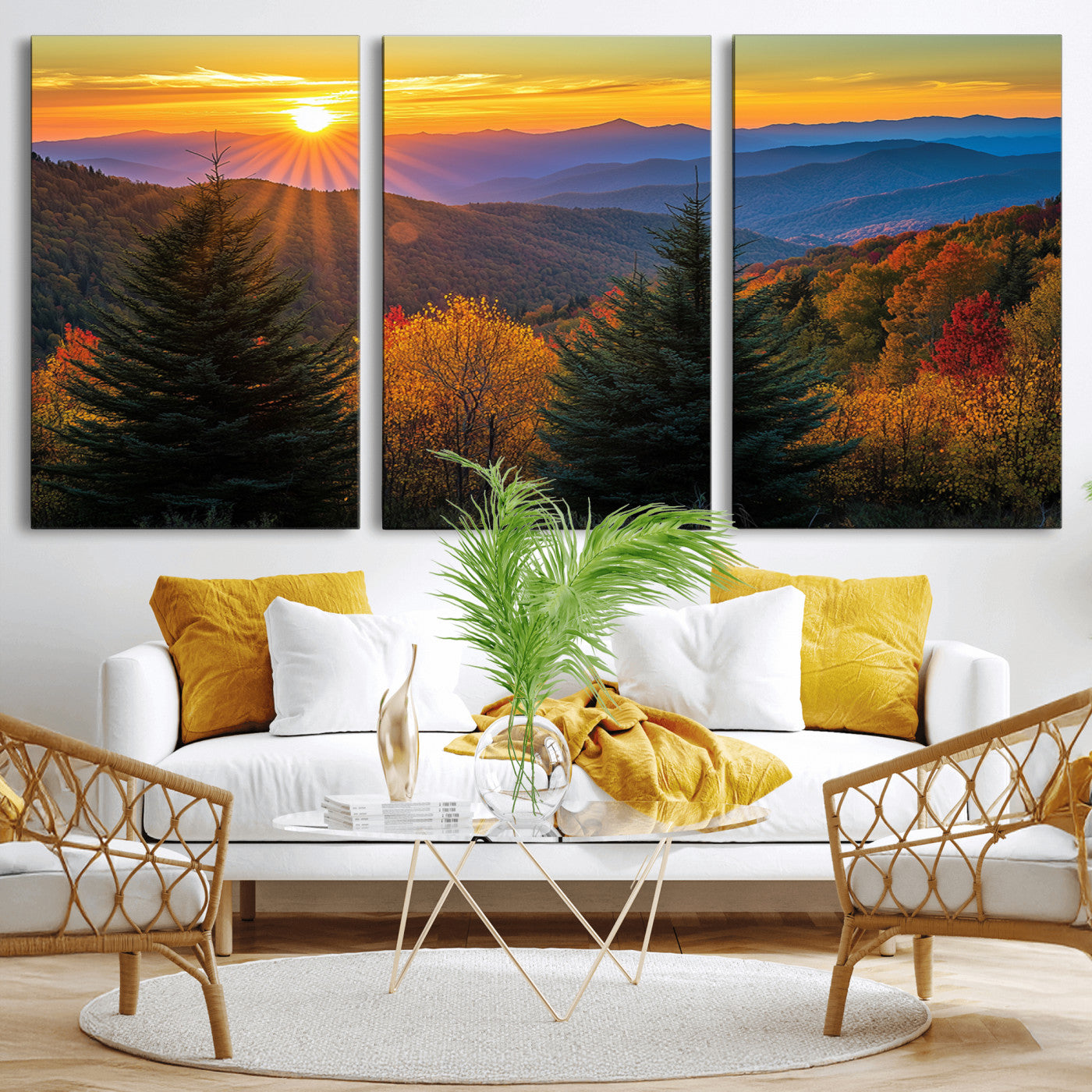 MGV-CV-60X30-3P - Golden Sunset Over Mountain Forest Canvas Wall Art Print - Warm Nature-Inspired Landscape for Living