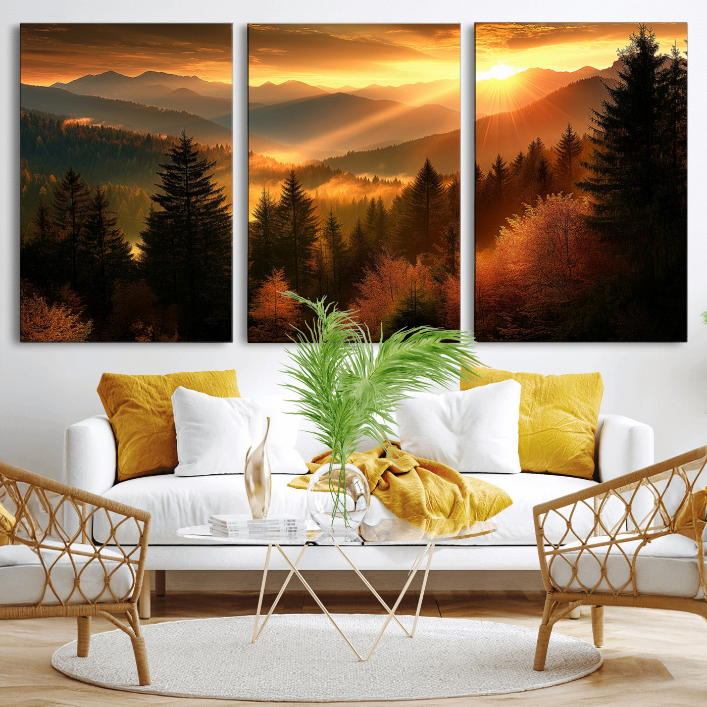 MGV-CV-60X30-3P - Golden Sunset Over Mountain Forest Canvas Wall Art Print - Warm Nature Landscape Print