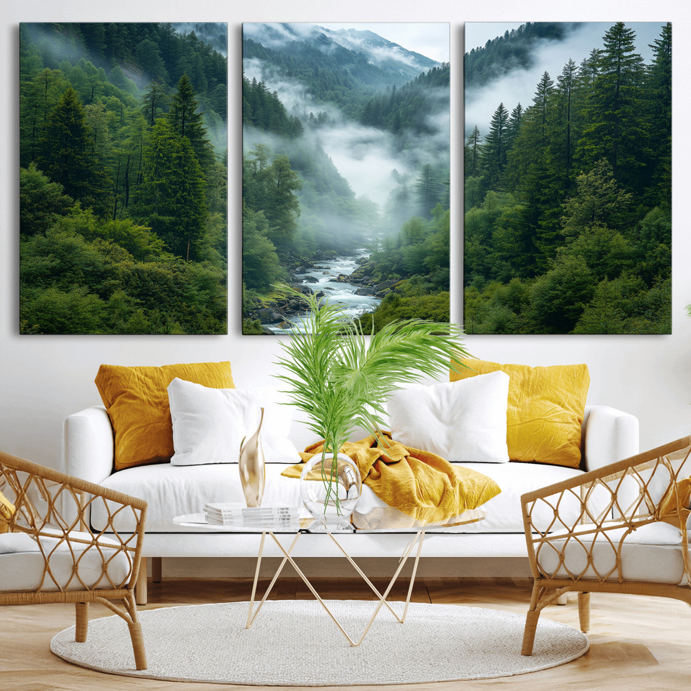 MGV-CV-60X30-3P - Mountain Forest River Canvas Wall Art Print - Serene Nature Landscape for Living Room, Office, or