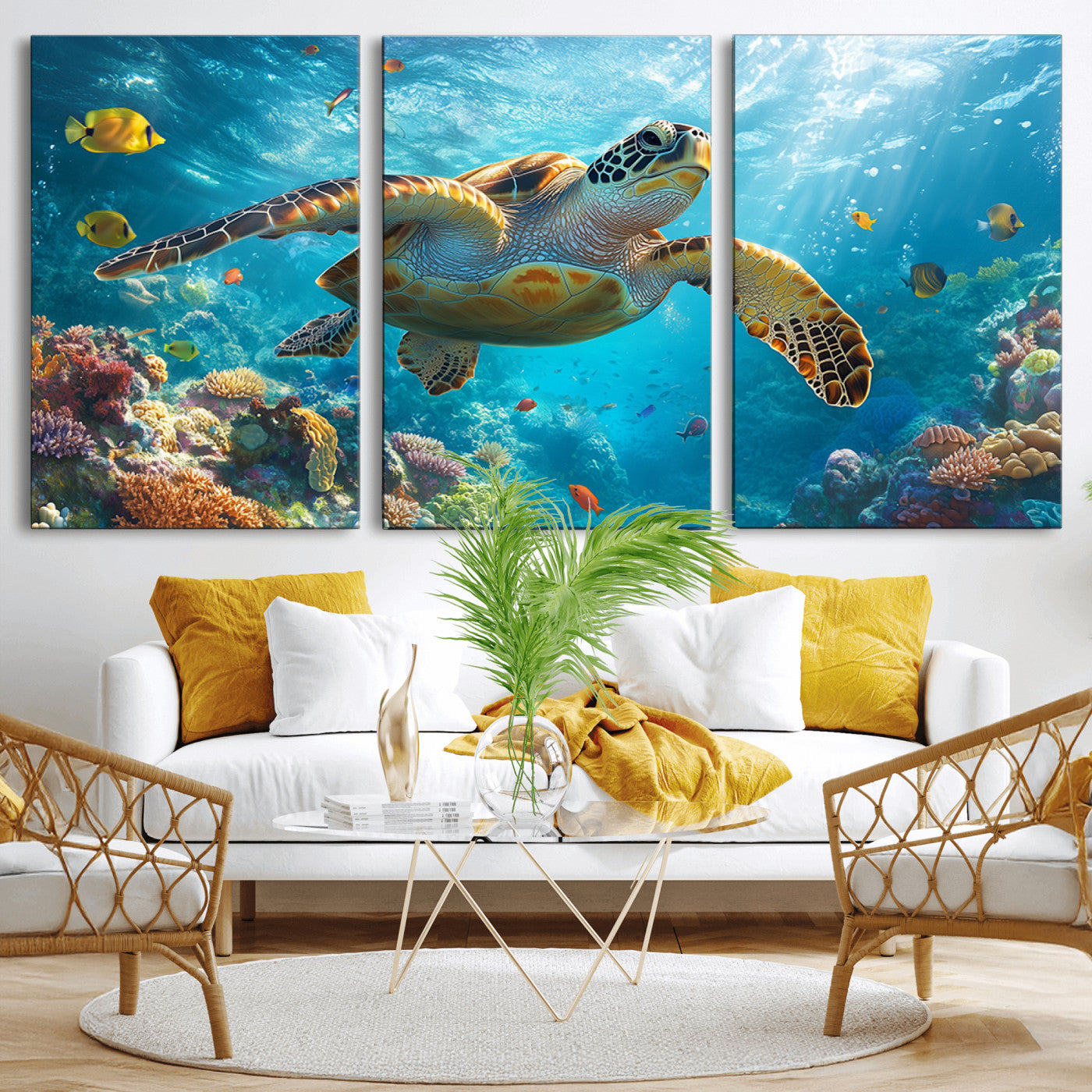 MGV-CV-60X30-3P - Sea Turtle Underwater Canvas Wall Art Print - Vibrant Ocean Wildlife Decor, Marine Wall Art