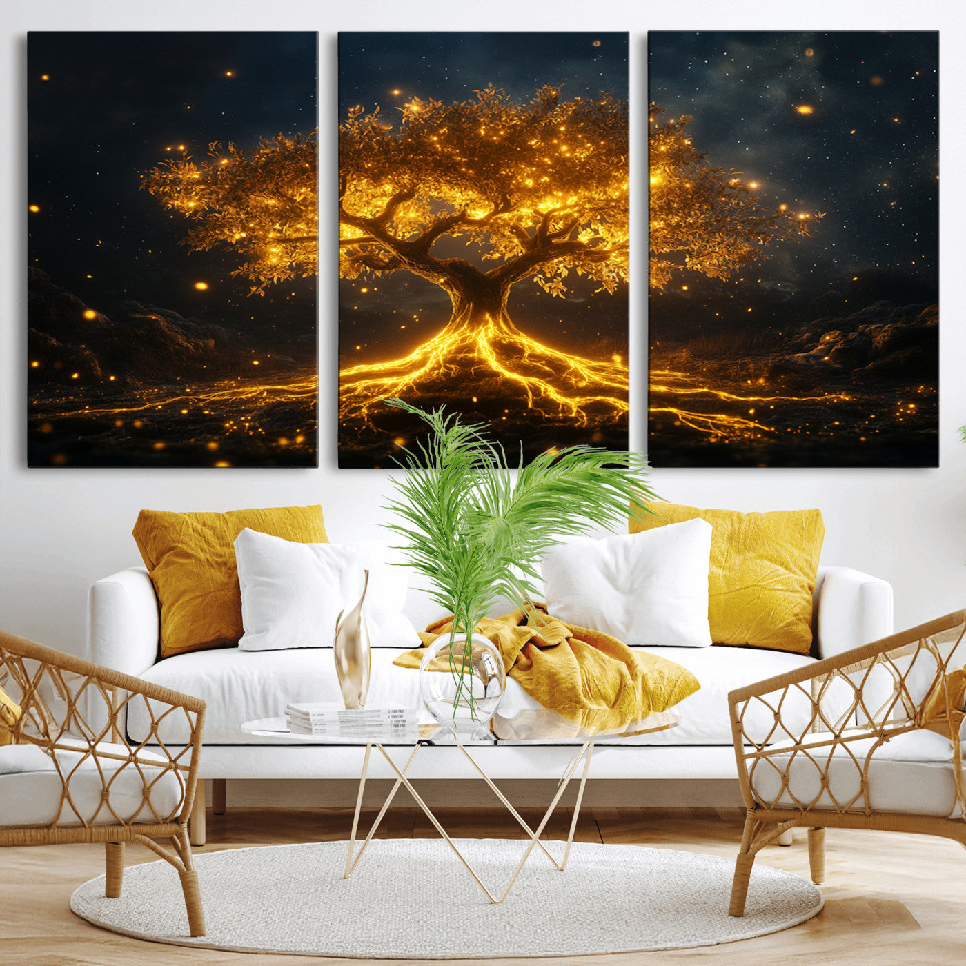 MGV-CV-60X30-3P - Golden Tree of Life Canvas Wall Art Print - Majestic Glowing Tree Design for Living Room, Office, or