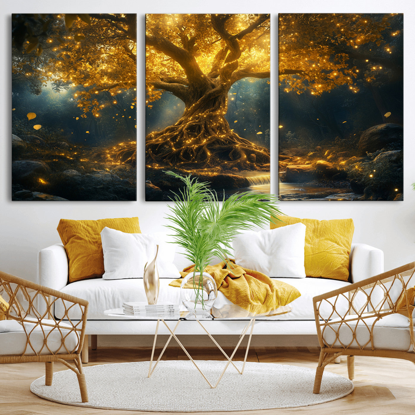 MGV-CV-60X30-3P - Golden Tree of Life Canvas Wall Art Print - Majestic Glowing Tree Wall Art Print