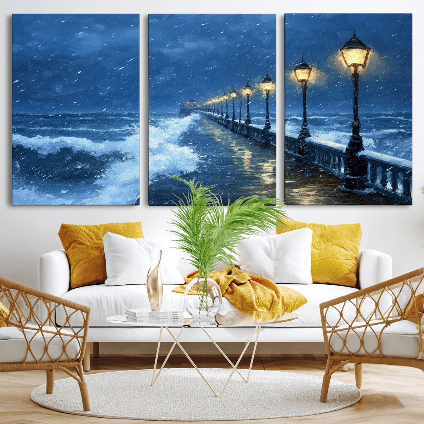 MGV-CV-60X30-3P - Stormy Ocean Pier Lights Canvas Wall Art Print - Large Moody Night Scene for Living Room, or Office,