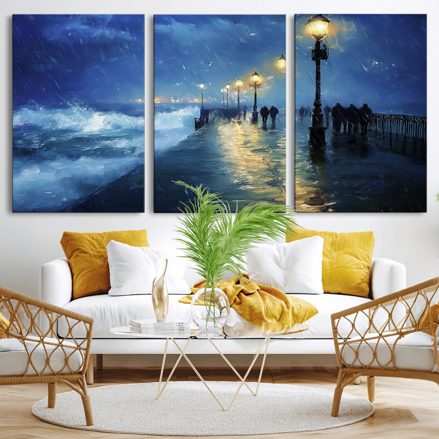 MGV-CV-60X30-3P - Abstract Stormy Ocean Pier Canvas Wall Art Print | Stormy Ocean Art | Large Moody Night Scene Print,