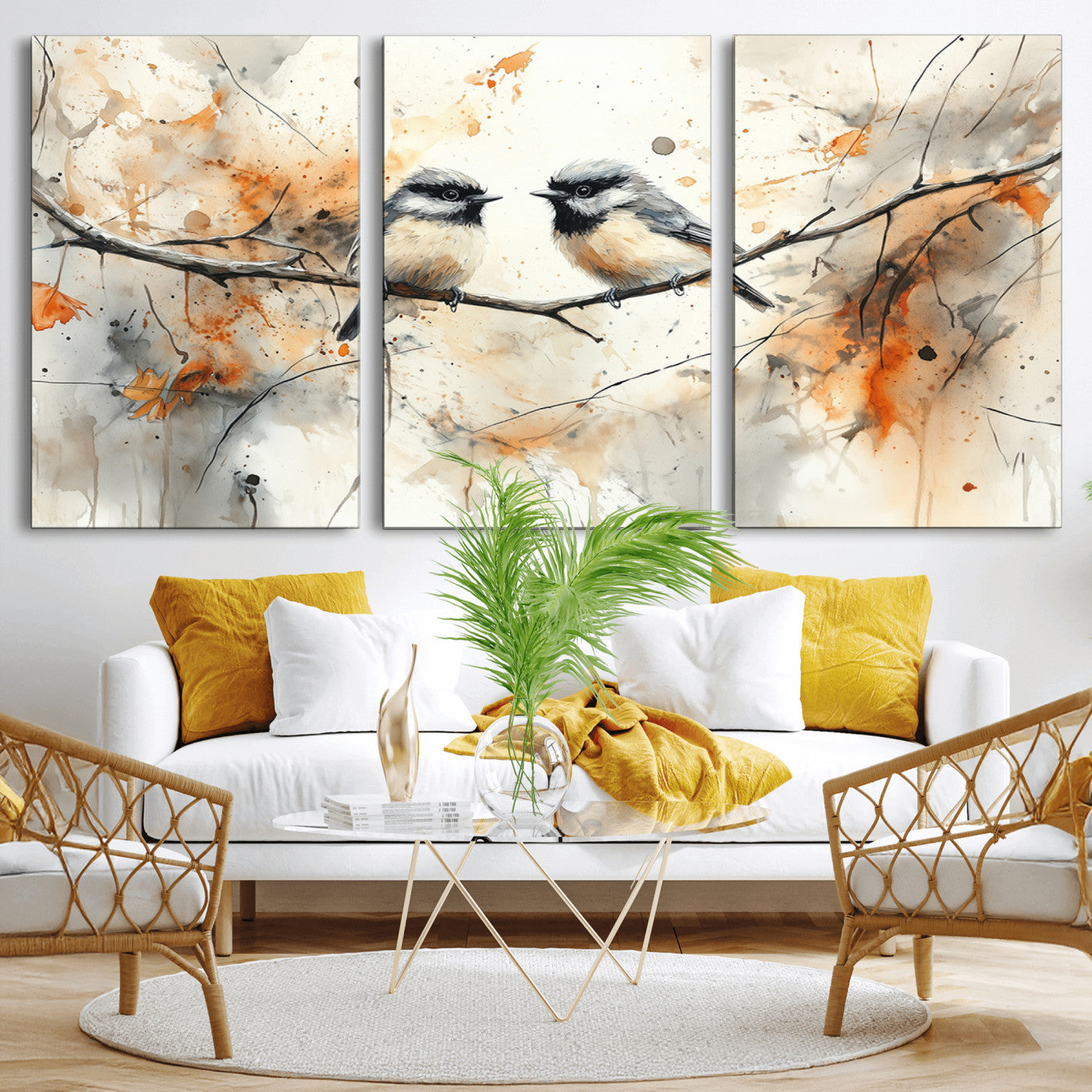 MGV-CV-60X30-3P - Abstract Watercolor Chickadee Bird Canvas Wall Art Print - Large Bird and Branch Wall Art, Modern