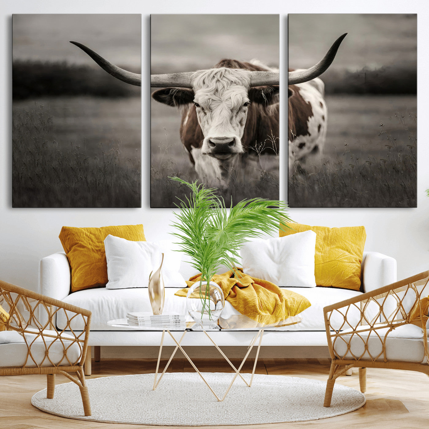 MGV-CV-60X30-3P - Texas Longhorn Cow Canvas Wall Art Print - Large Rustic Longhorn Art for Living Room, Western Wall