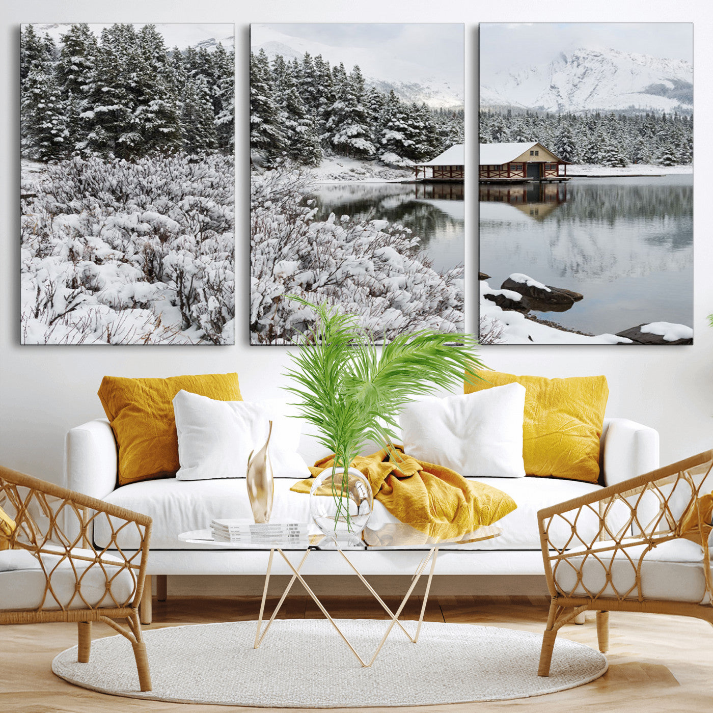 MGV-CV-60X30-3P - Winter Wall Art - Cabin by the Lake Canvas Wall Art - Serene Snowy Landscape with Mountain View,