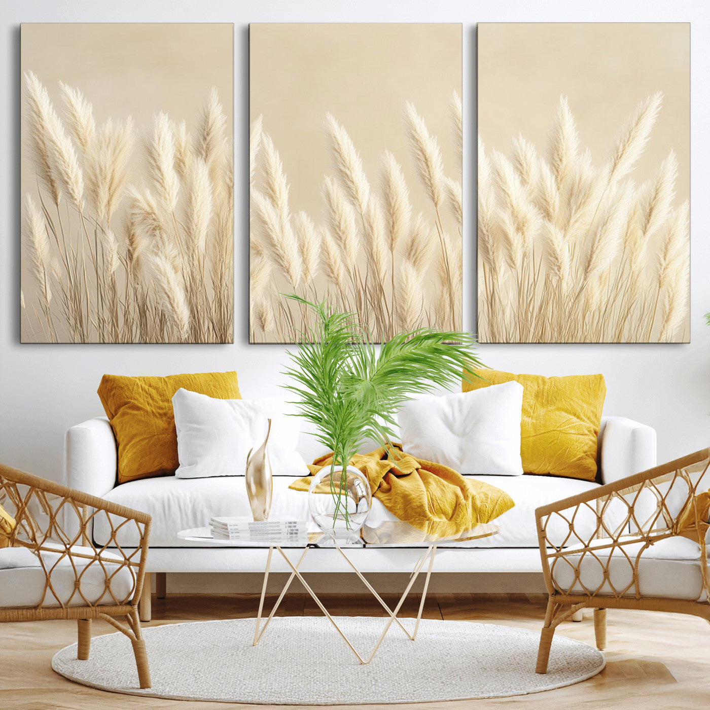 MGV-CV-60X30-3P - Grass Wall Art Print - Elegant Neutral Decor for Living Room, Boho Minimalist Artwork, Ready to Hang