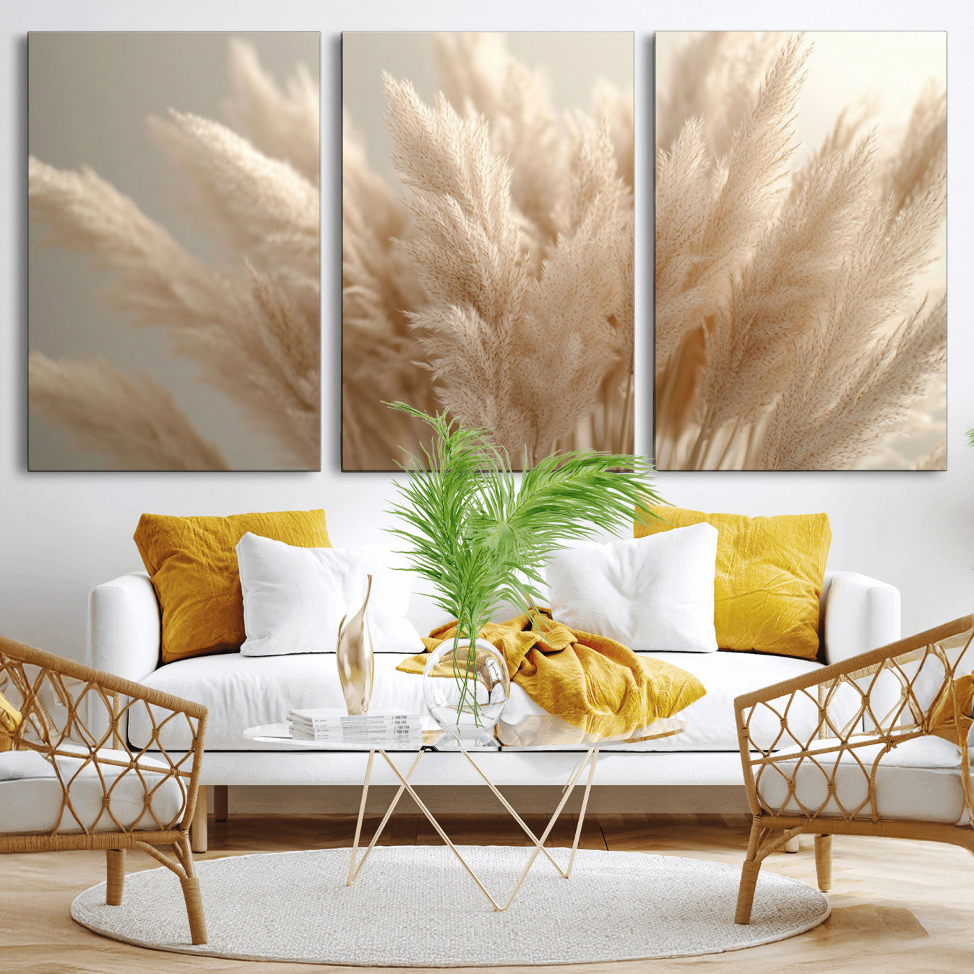 MGV-CV-60X30-3P - Pampas Grass Canvas Wall Art - Elegant Neutral Decor for Living Room, Boho Minimalist Artwork, Ready