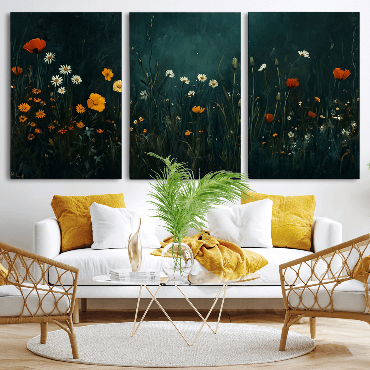 MGV-CV-60X30-3P - Framed Wildflower Field Wall Art, Framed Vintage Botanical Landscape Sign, Floral Decor, Modern