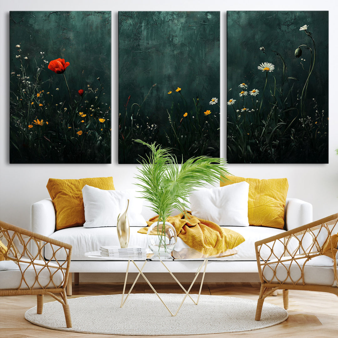 Wildflower Field Framed Wall Art, Vintage Botanical Landscape Sign, Botanical Wall Art, Modern Farmhouse Canvas Art, Field Of Flowers Canvas