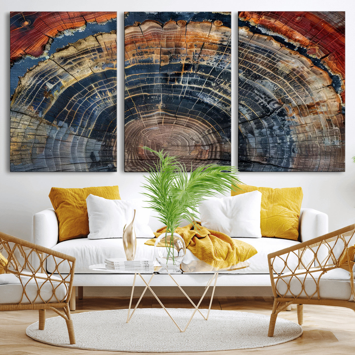 MGV-CV-60X30-3P - Abstract Tree Ring Wall Art, Colorful Framed Tree Ring Wall Decor, Minimalist Home Canvas Art,
