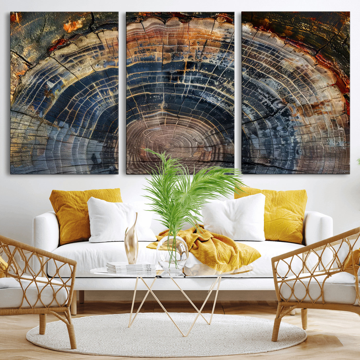 MGV-CV-60X30-3P - Framed Tree Ring Wall Art - Abstract Colorful Tree Ring Wall Decor, Minimalist Home Canvas Art,