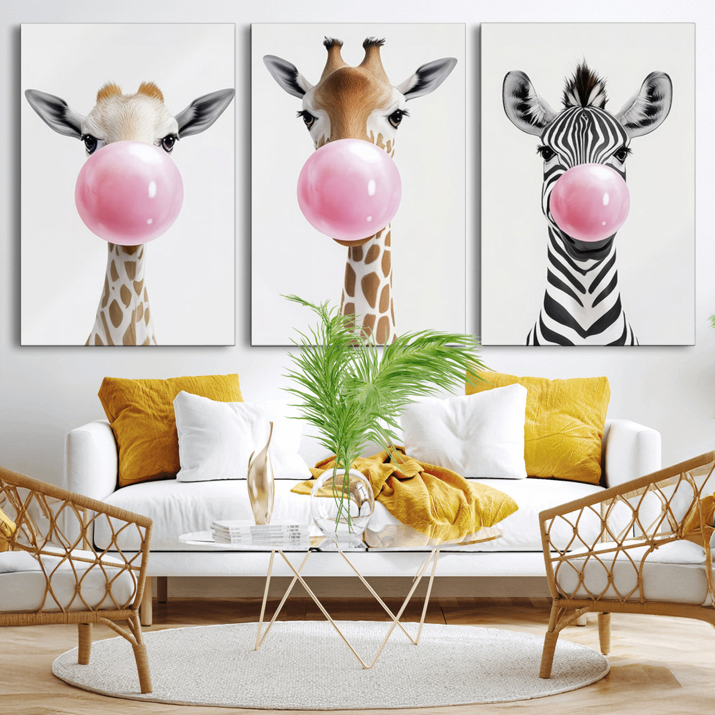 MGV-CV-60X30-3P - Bubblegum Animals Canvas Wall Art - Playful Giraffe and Zebra Trio, Fun Nursery Decor for Kids'