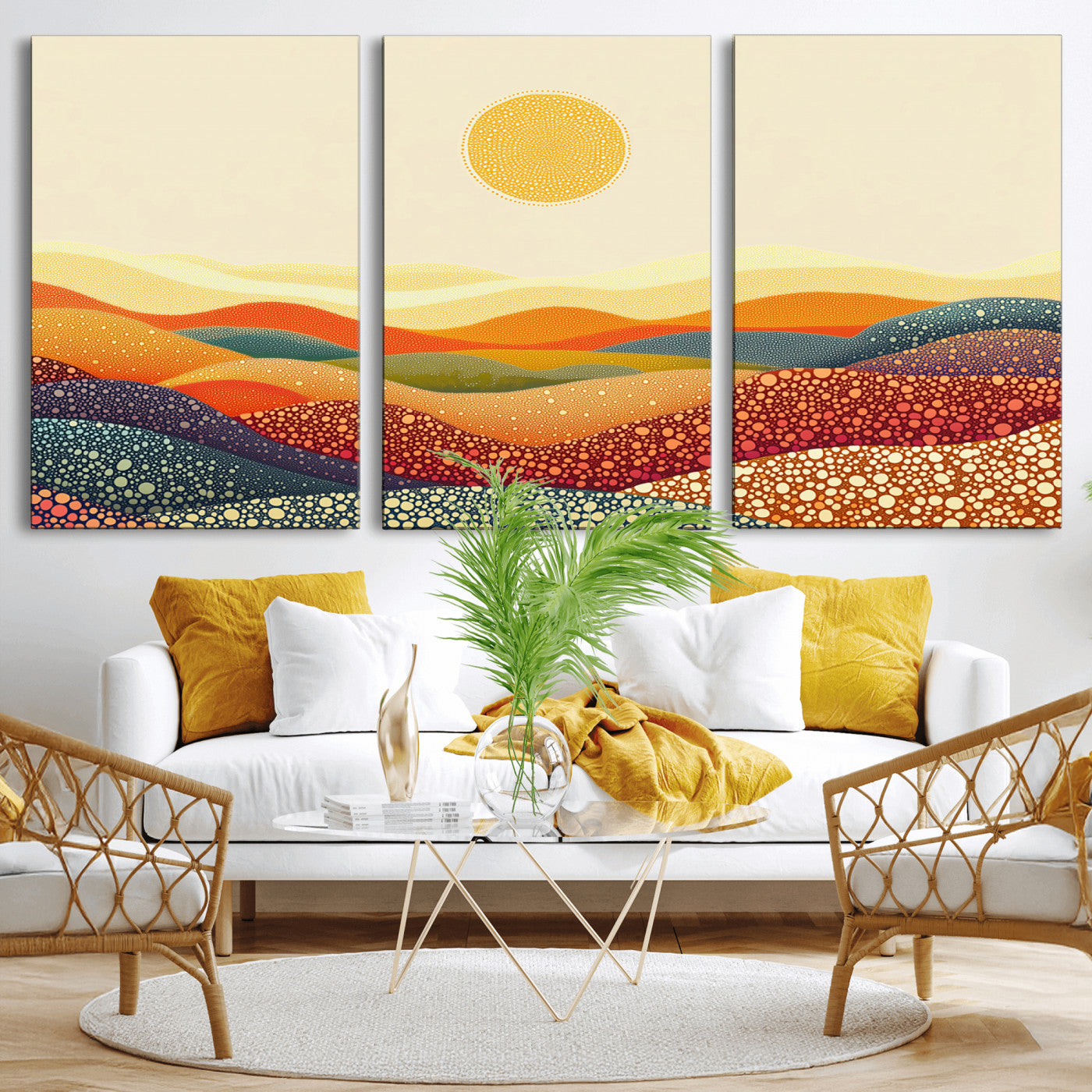 MGV-CV-60X30-3P - YAYOI KUSAMA Colorful Dot Art Landscape Canvas - Framed Abstract Pointillism Inspired by Nature with