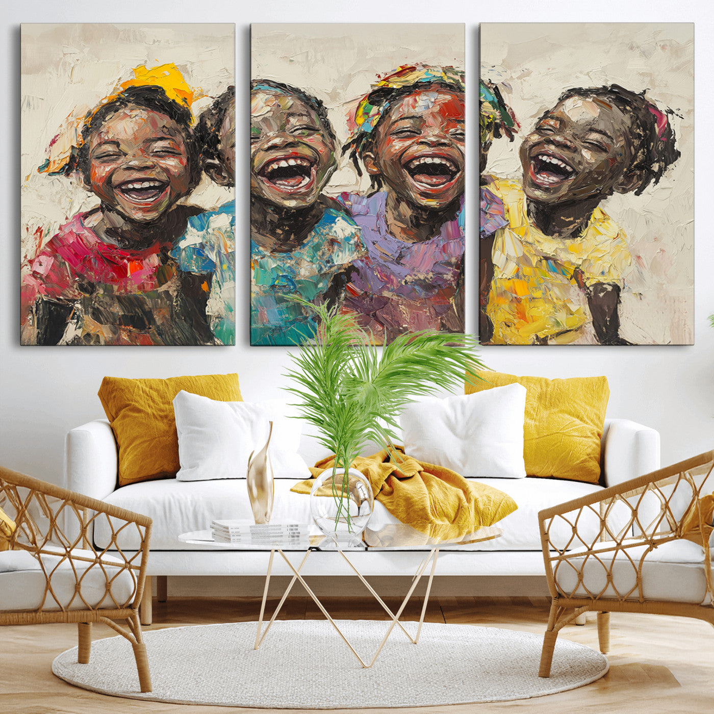 MGV-CV-60X30-3P - Shai Yossef style Joyful Childhood Canvas Wall Art - Expressive Impasto Painting of Black Children