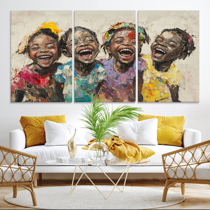 The Joyful Childhood Canvas Art by Shai Yossef, depicting kids laughing, is featured in the living room.