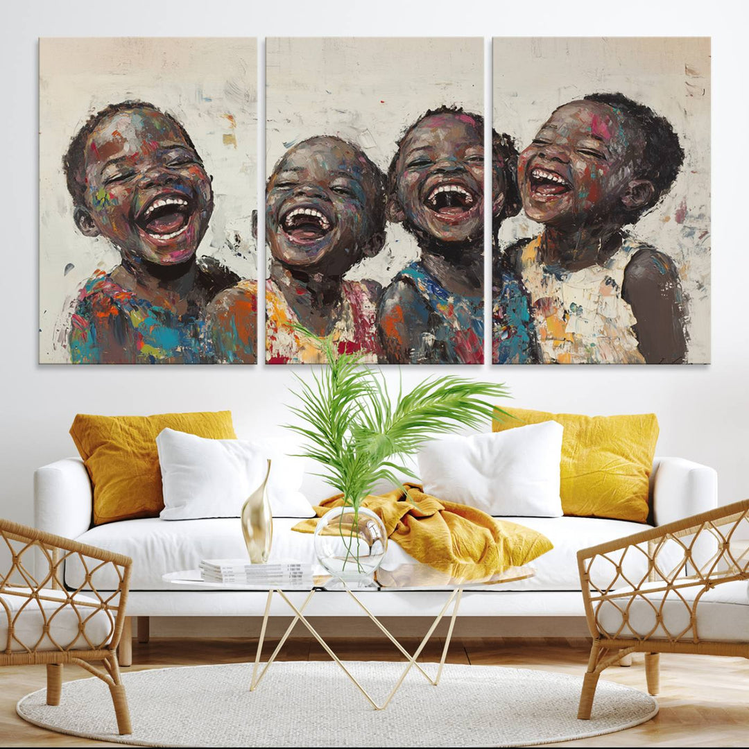 A living room featuring the Shai Yossef Joyful Childhood Canvas Wall Art.