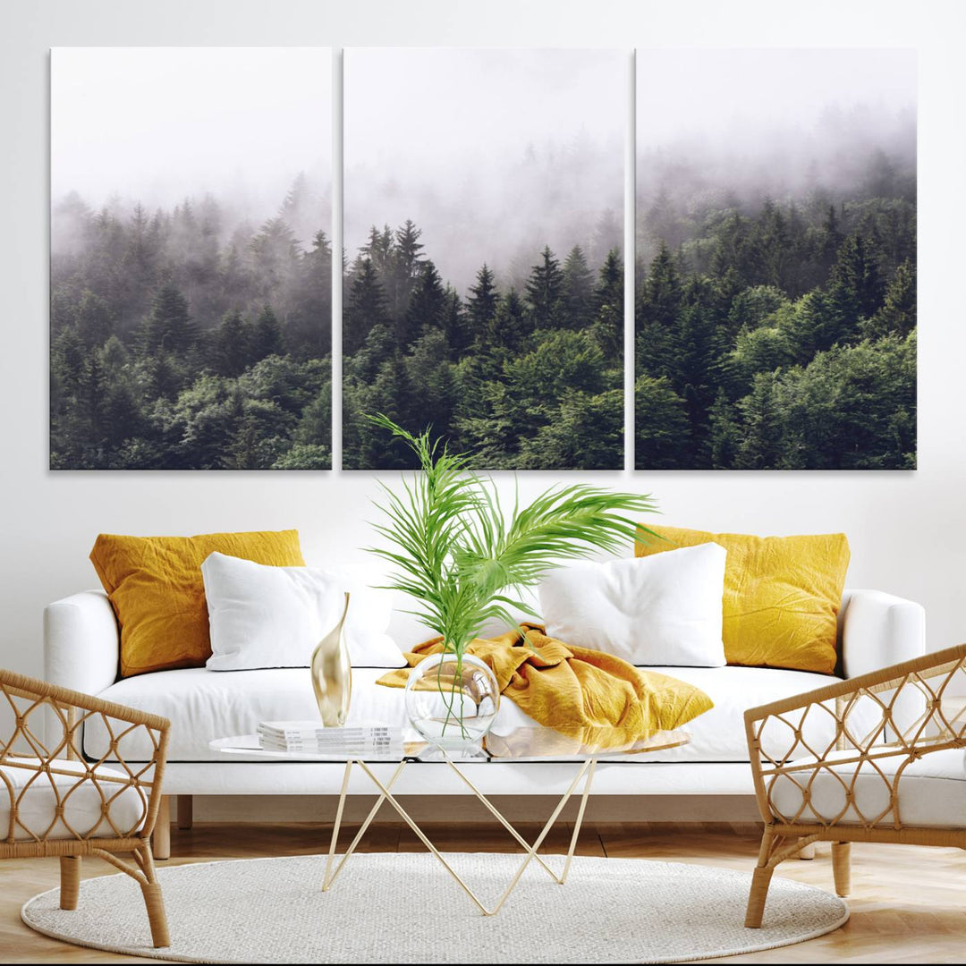 A serene triptych nature print featuring a misty forest, perfect as wall art.