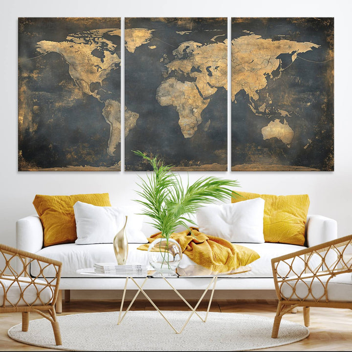 Grunge World Map Canvas Wall Art - Vintage Aged World Map with Golden Tones, Framed Artwork for Living Room, Office, or Study Decor