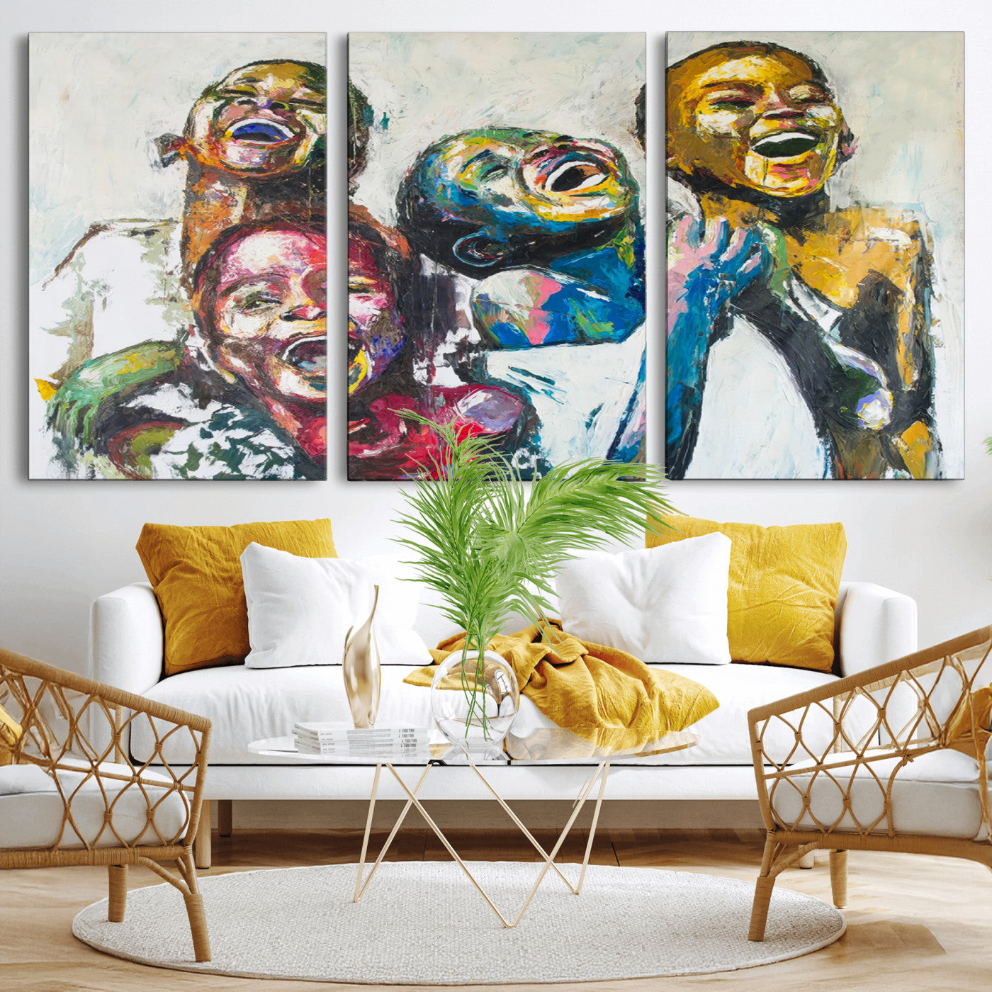 MGV-CV-60X30-3P - Shai Yossef Style Canvas Art - Joyful African Black Kids Impasto Painting with Vibrant Brushstrokes,
