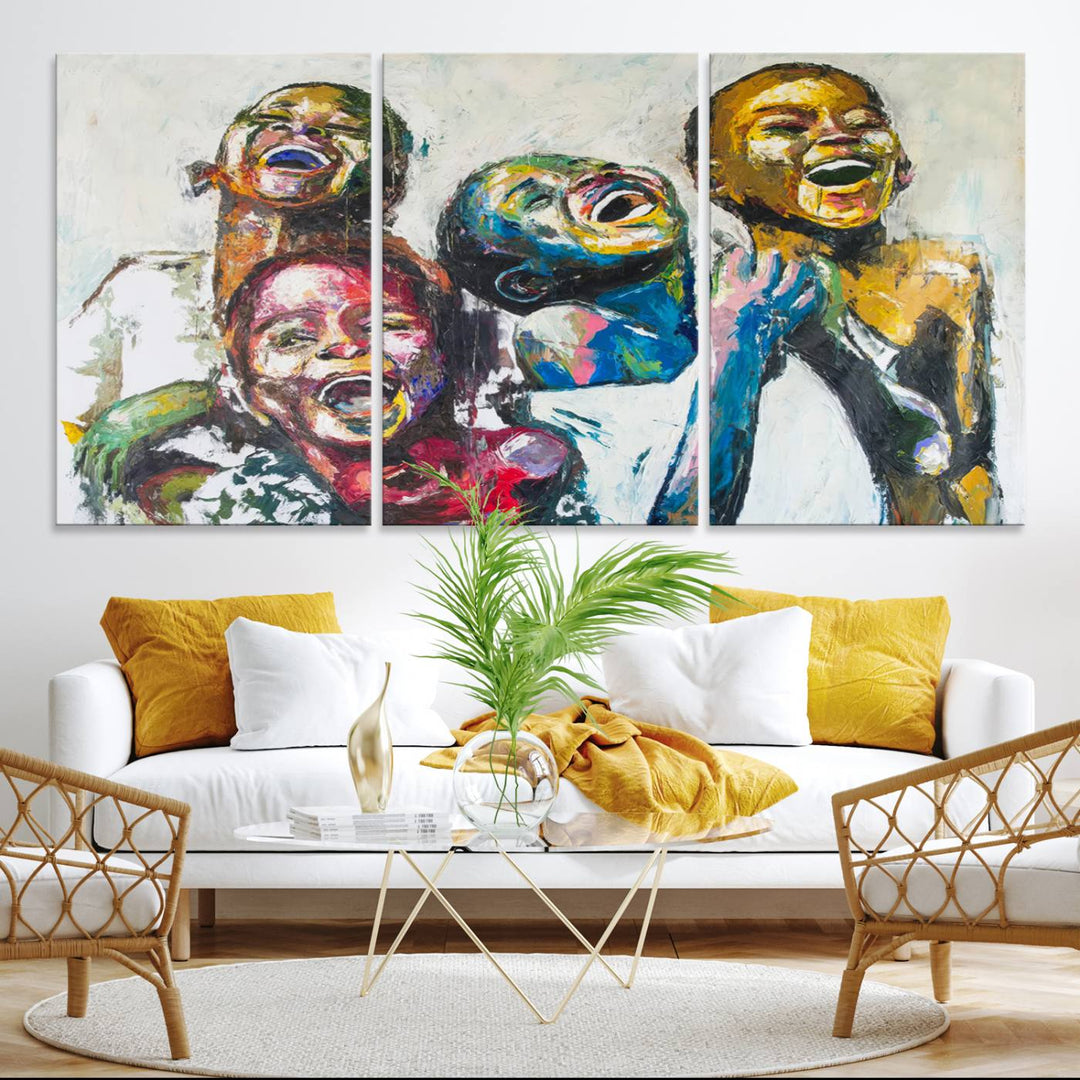 A vibrant Shai Yossef canvas art of joyful kids hangs prominently.