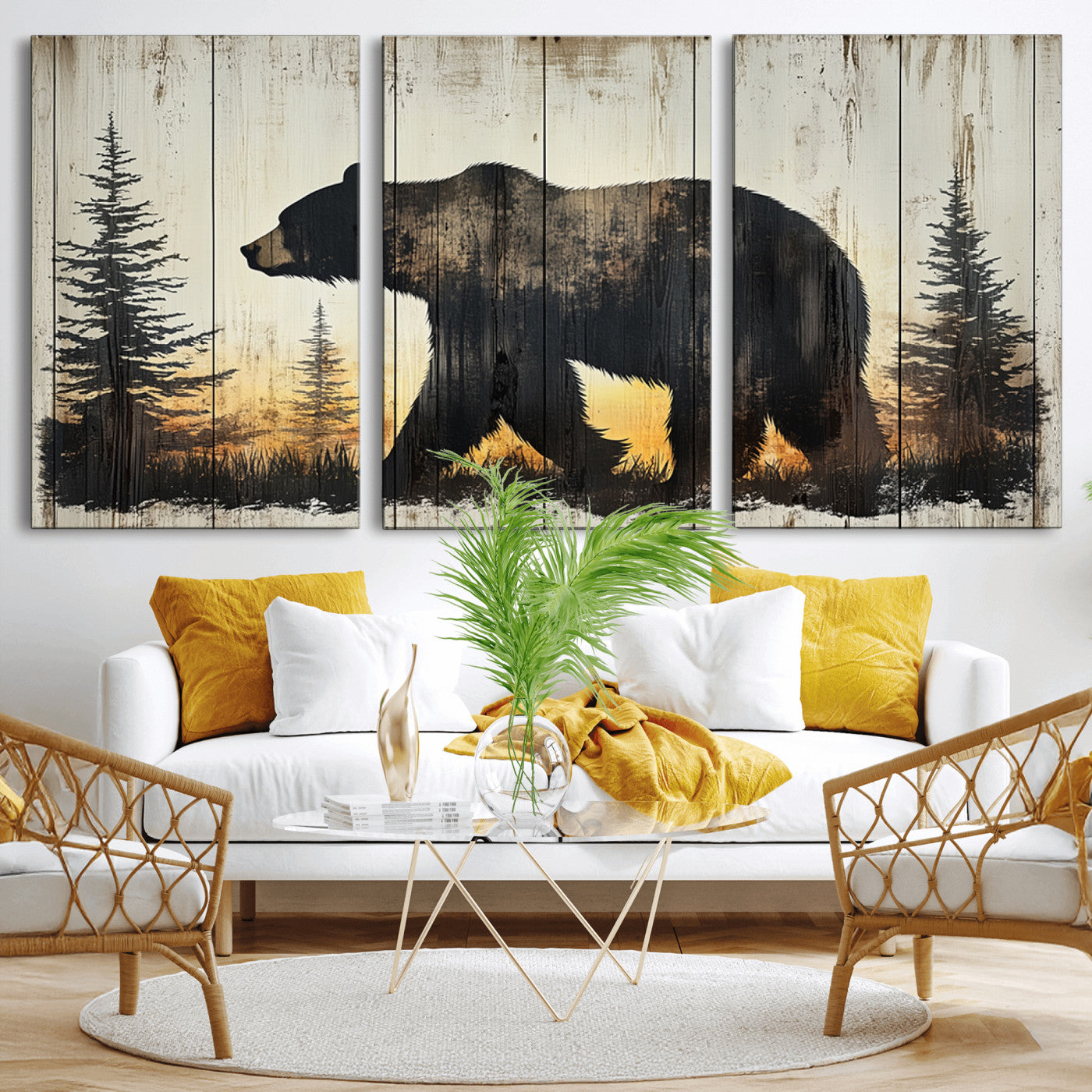 83875-MGV-CV-36X24-Vintage Bear Wall Art Canvas Print for Farmhouse - Mountain Wood Canvas Wall Art - Forest Silhouette