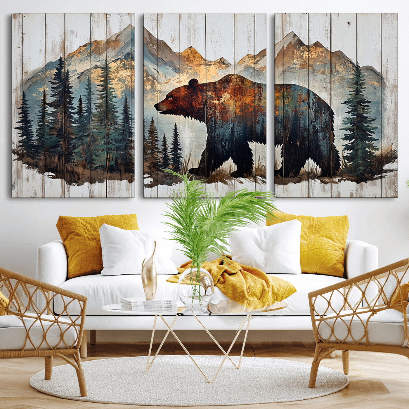 55777-MGV-CV-36X24-Rustic Grizzly 399 Bear and Mountain Wood Canvas Wall Art - Framed Nature Artwork with Forest