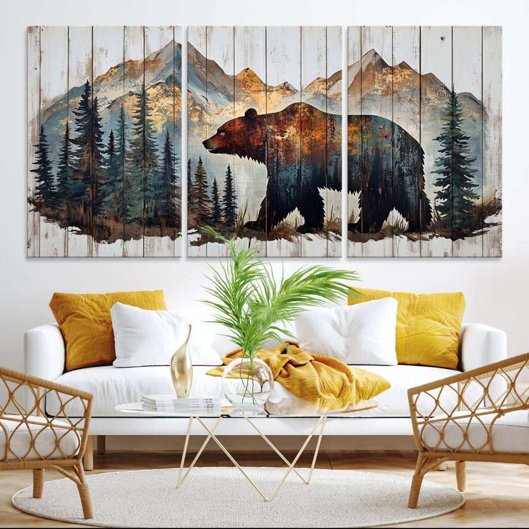 The living room features Rustic Grizzly 399 bear wall art, adding a cozy touch to the setup.