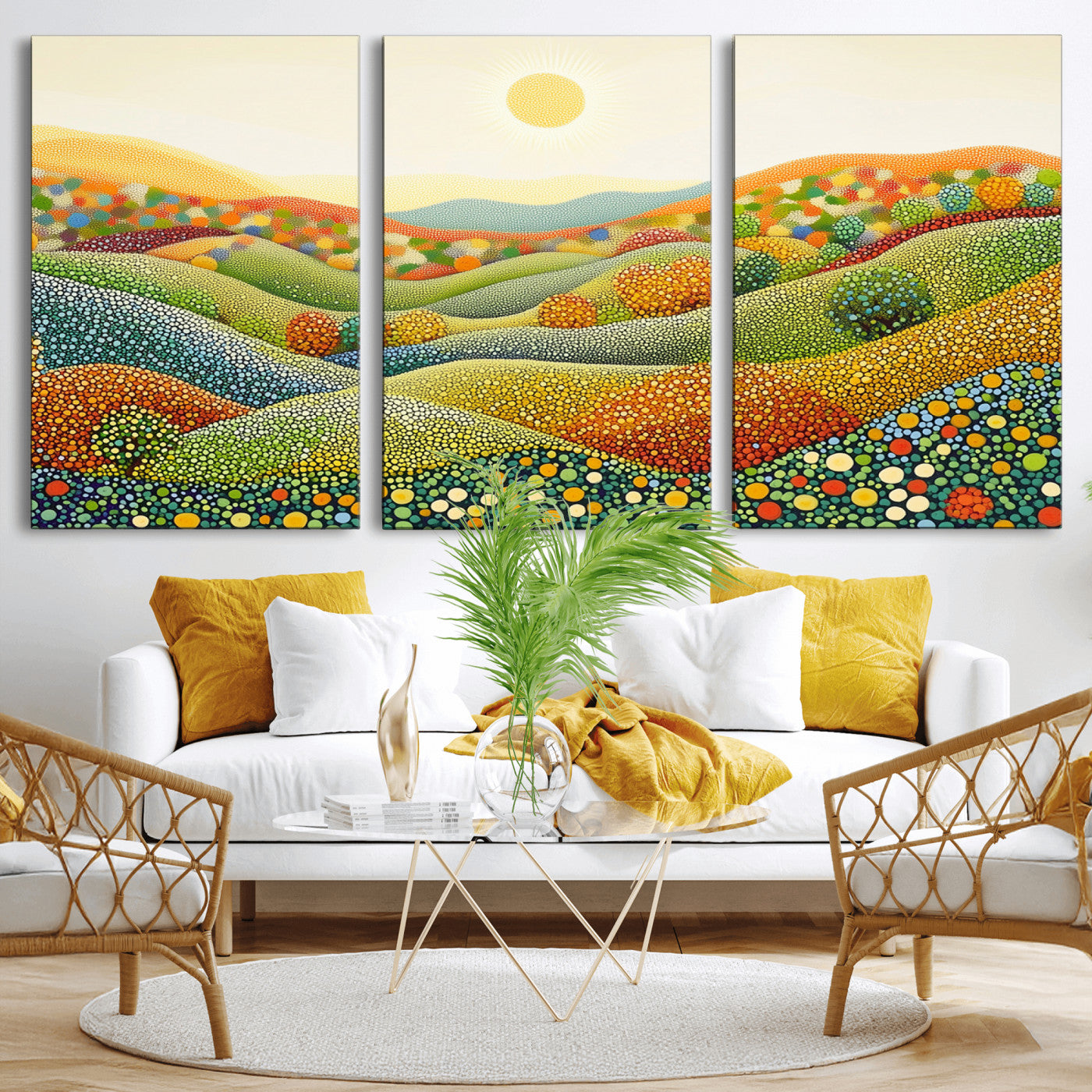 MGV-CV-60X30-3P - YAYOI KUSAMA Colorful Dot Art Landscape Canvas - Framed Abstract Pointillism Inspired by Nature with