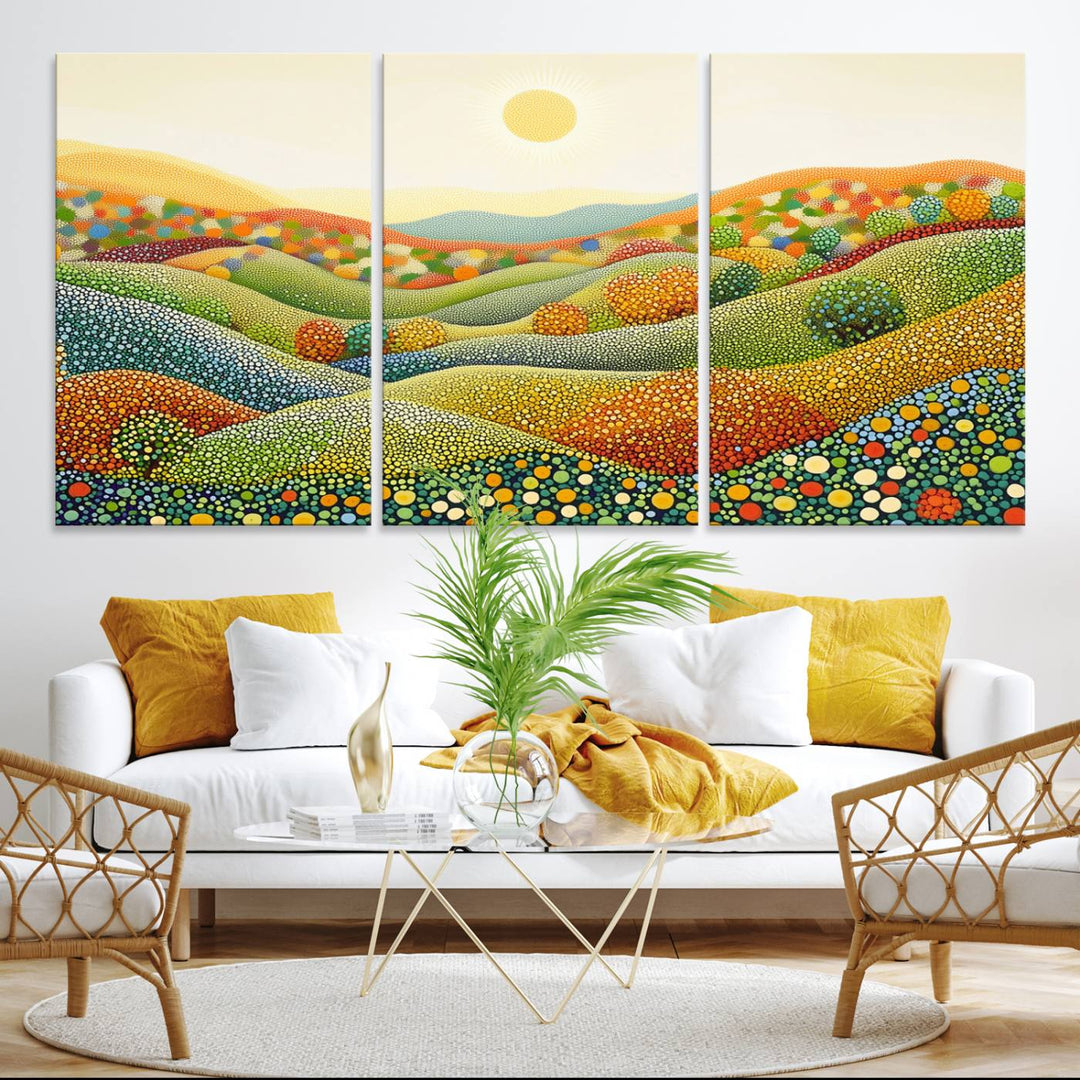 The YAYOI KUSAMA Colorful Dot Art Landscape Canvas depicts vibrant rolling hills and a sun.