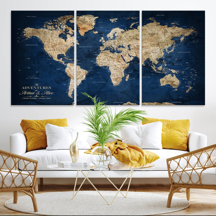 A Personalized Custom World Map Canvas Print on blue hangs prominently.