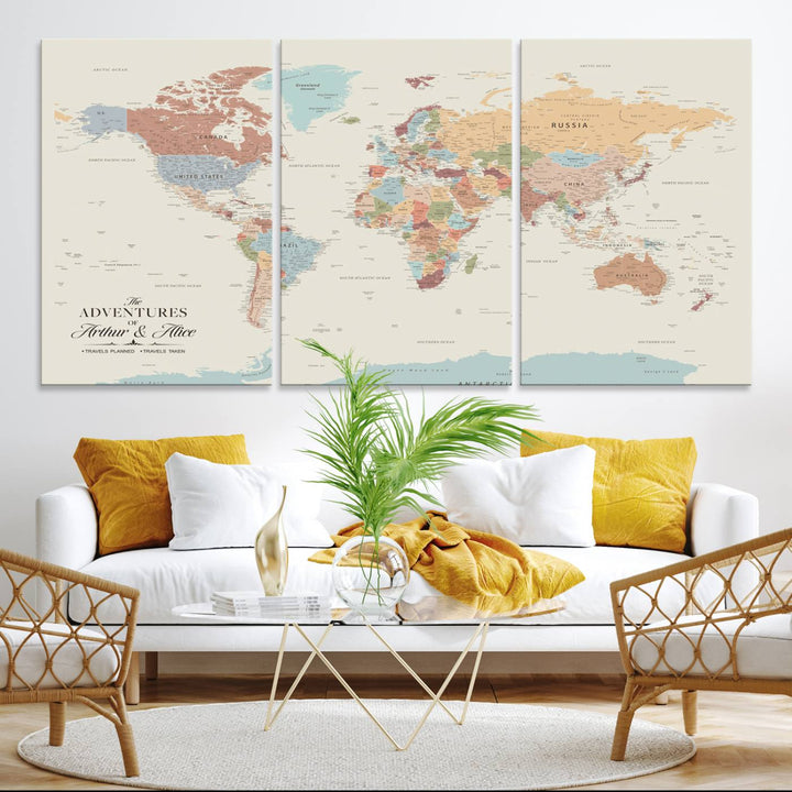 Custom World Map Wall Art Canvas Print - Personalized World Map Wall Art, Customize Wall Art Map Print