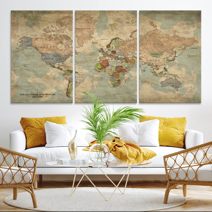 A Personalized World Map Canvas Print in vintage style enhances the setting with its artistic charm.