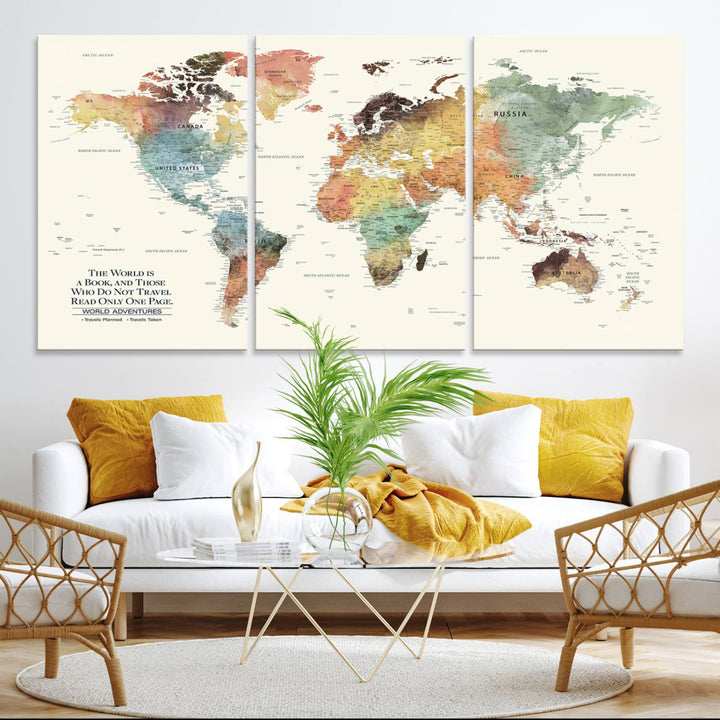 A colorful Personalized World Map Canvas Print, ideal as wall art for living room or office.