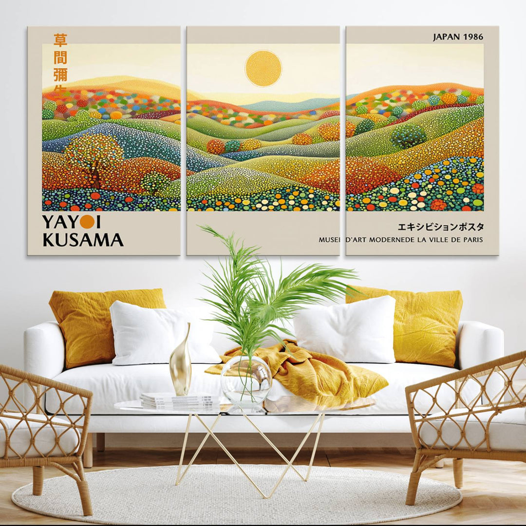 The Yayoi Kusama Wabi Sabi Japanese Wall Art Print features a vibrant landscape with dots, sun, and mountains.