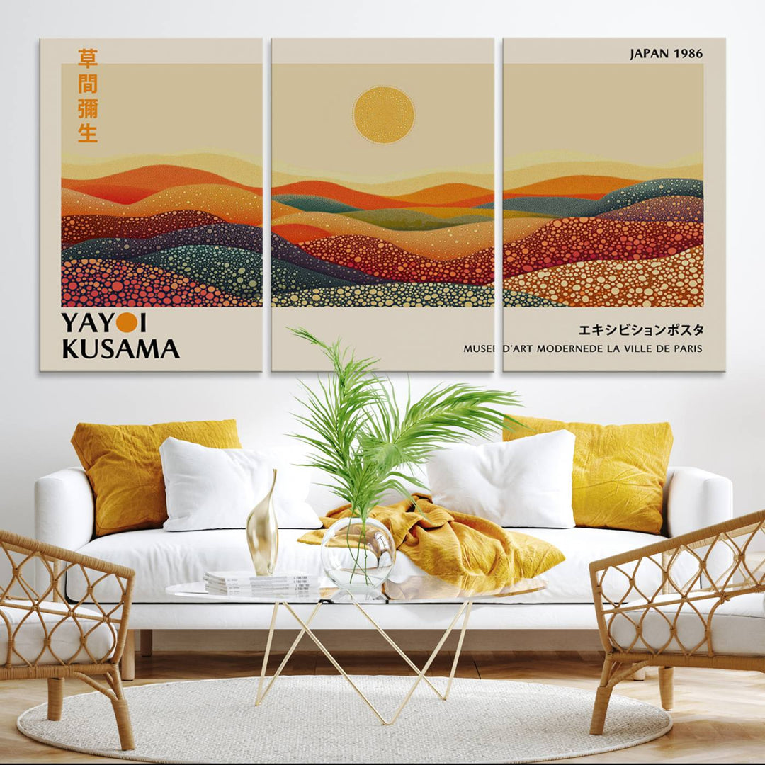 A Yayoi Kusama Wabi Sabi wall art print features abstract hills and a sun.