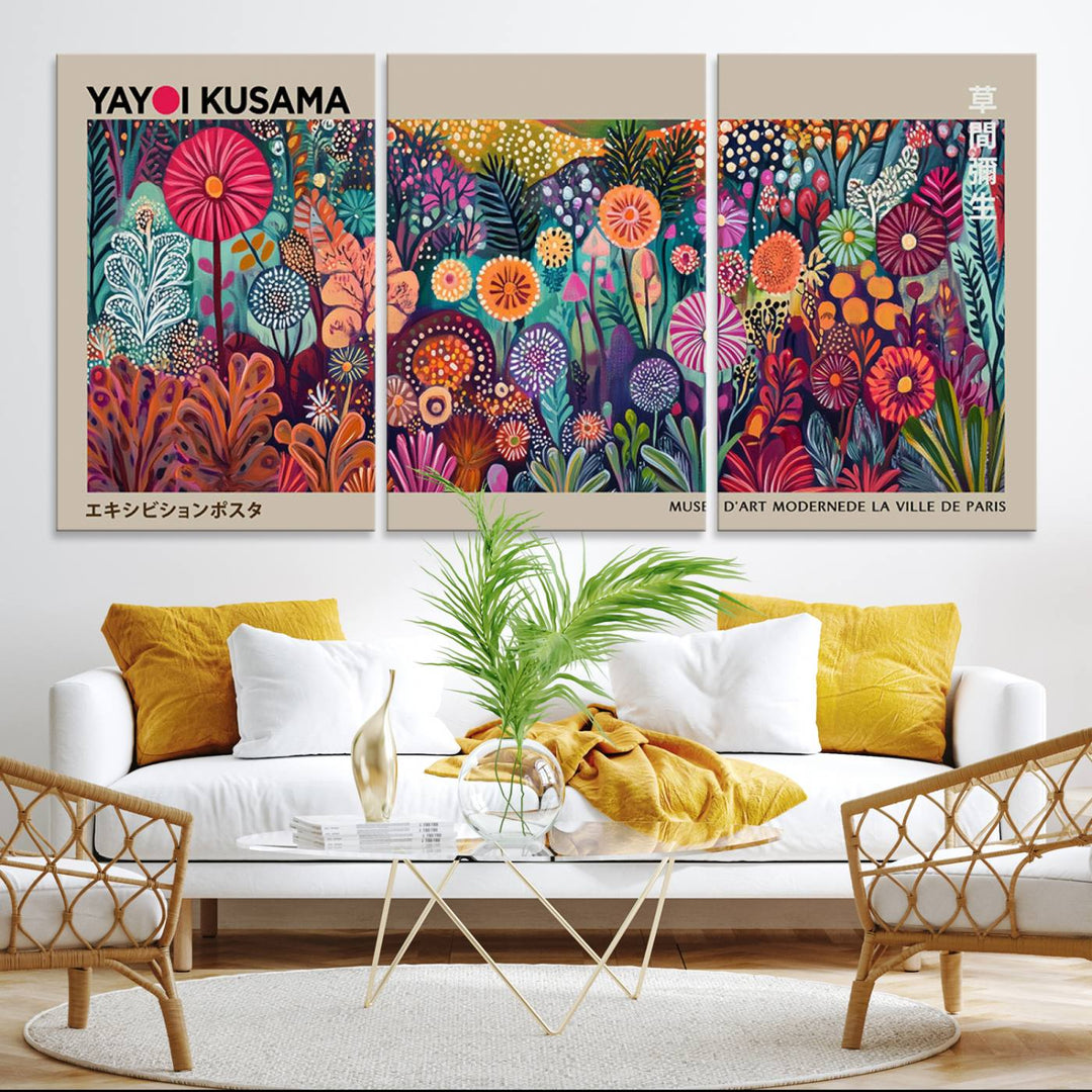 A vibrant Yayoi Kusama Wall Art Canvas Print is held on a porch.