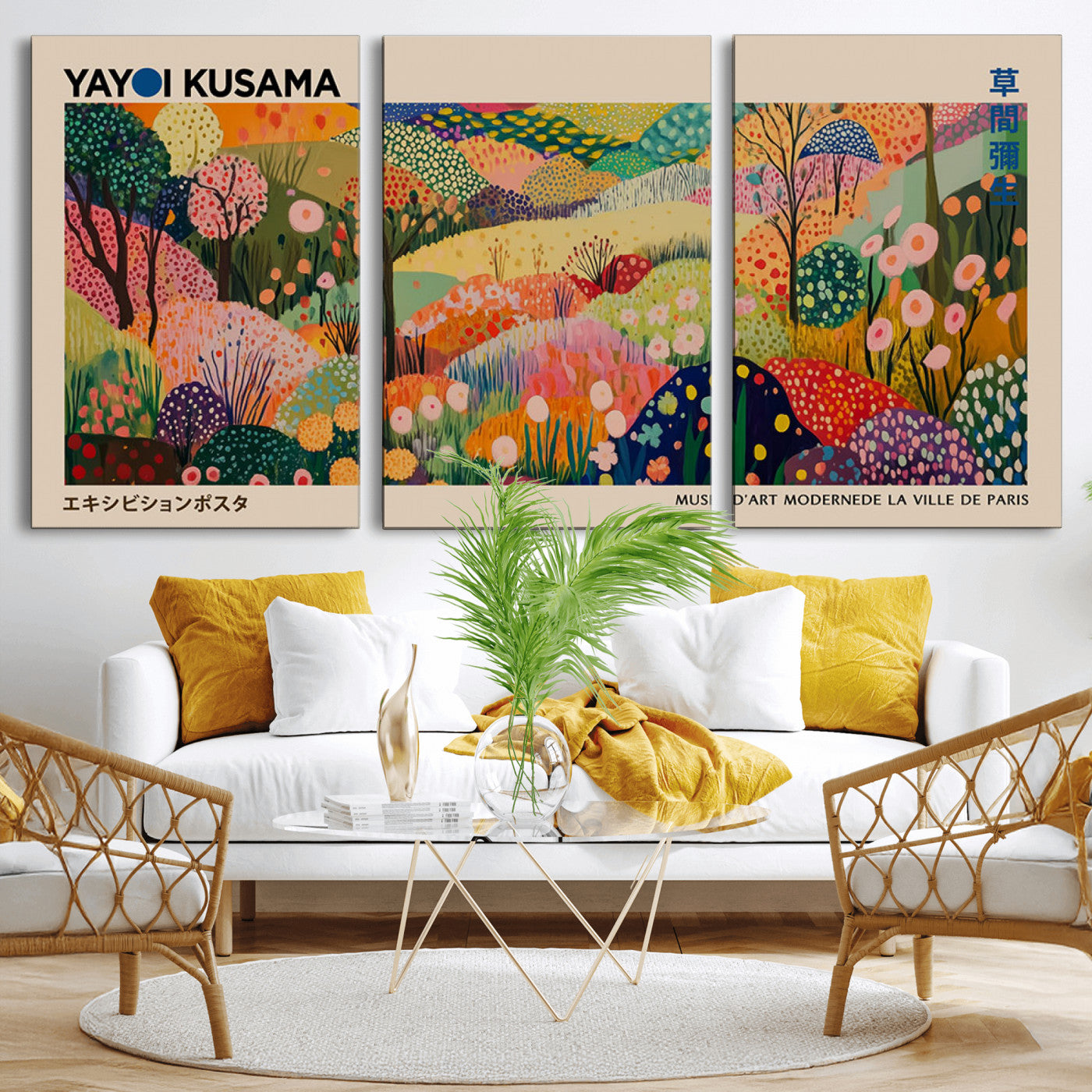 MGV-CV-60X30-3P - Yayoi Kusama Japanese Art Canvas Print, Abstract Art, Large Yayoi Kusama Framed Print, Japanese Wabi