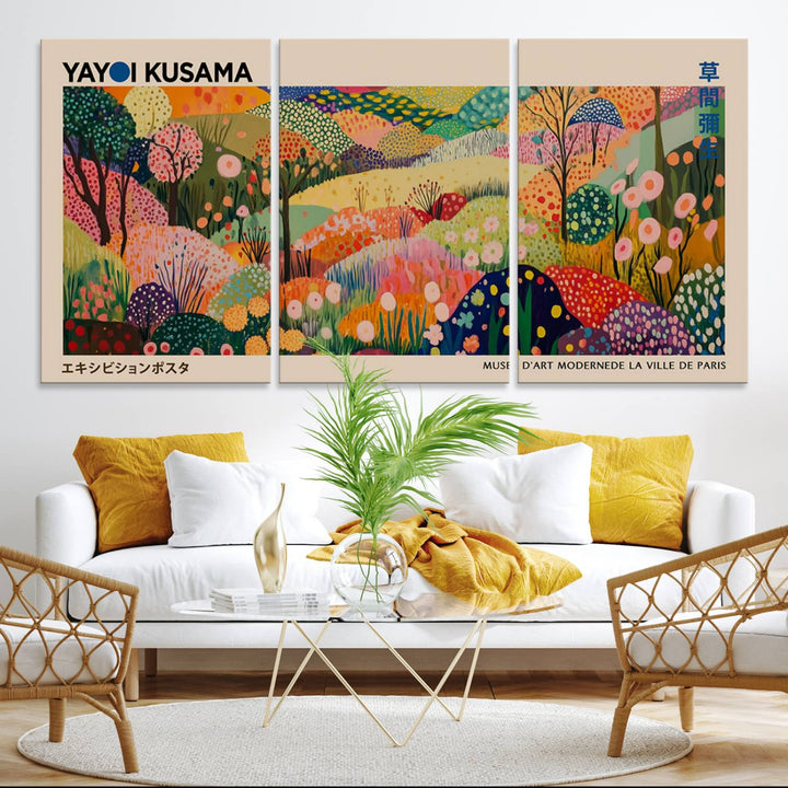 A Yayoi Kusama Wall Art Canvas Print featuring vibrant abstract floral patterns is displayed in a tranquil forest setting.