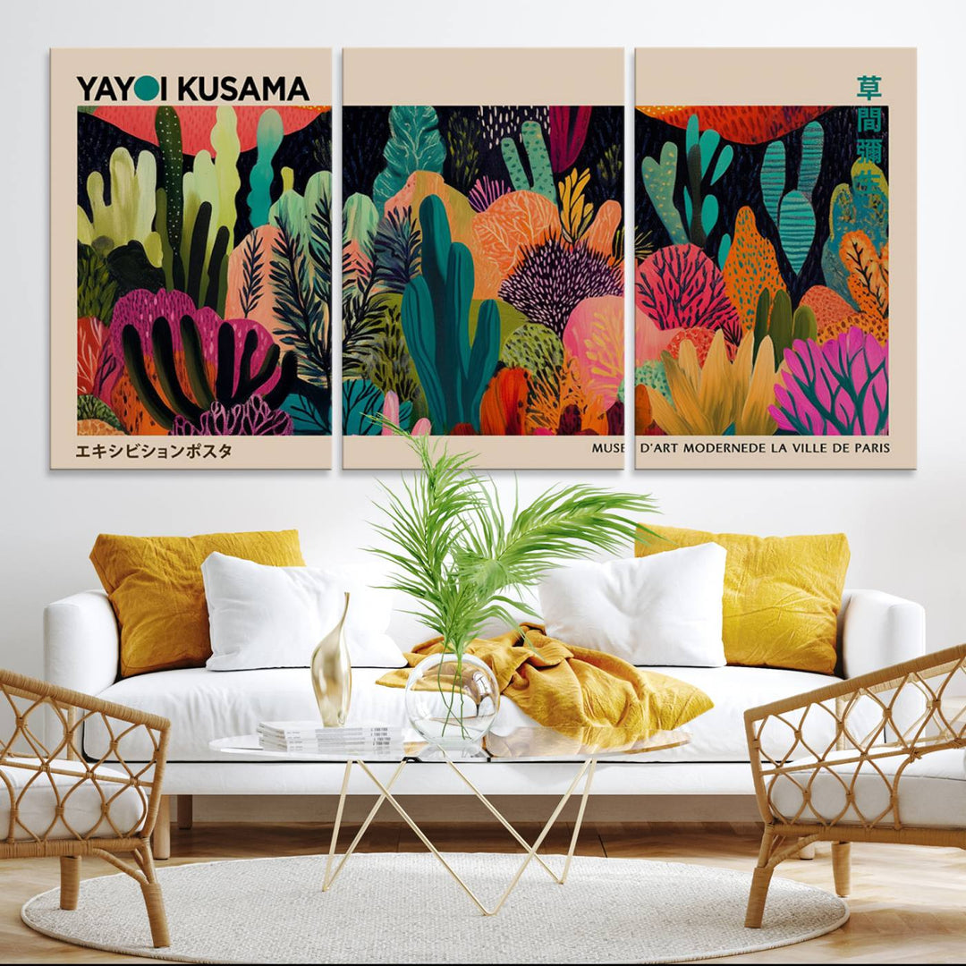 A vibrant Yayoi Kusama Wall Art Canvas Print showcases intricate abstract flora on a light background.