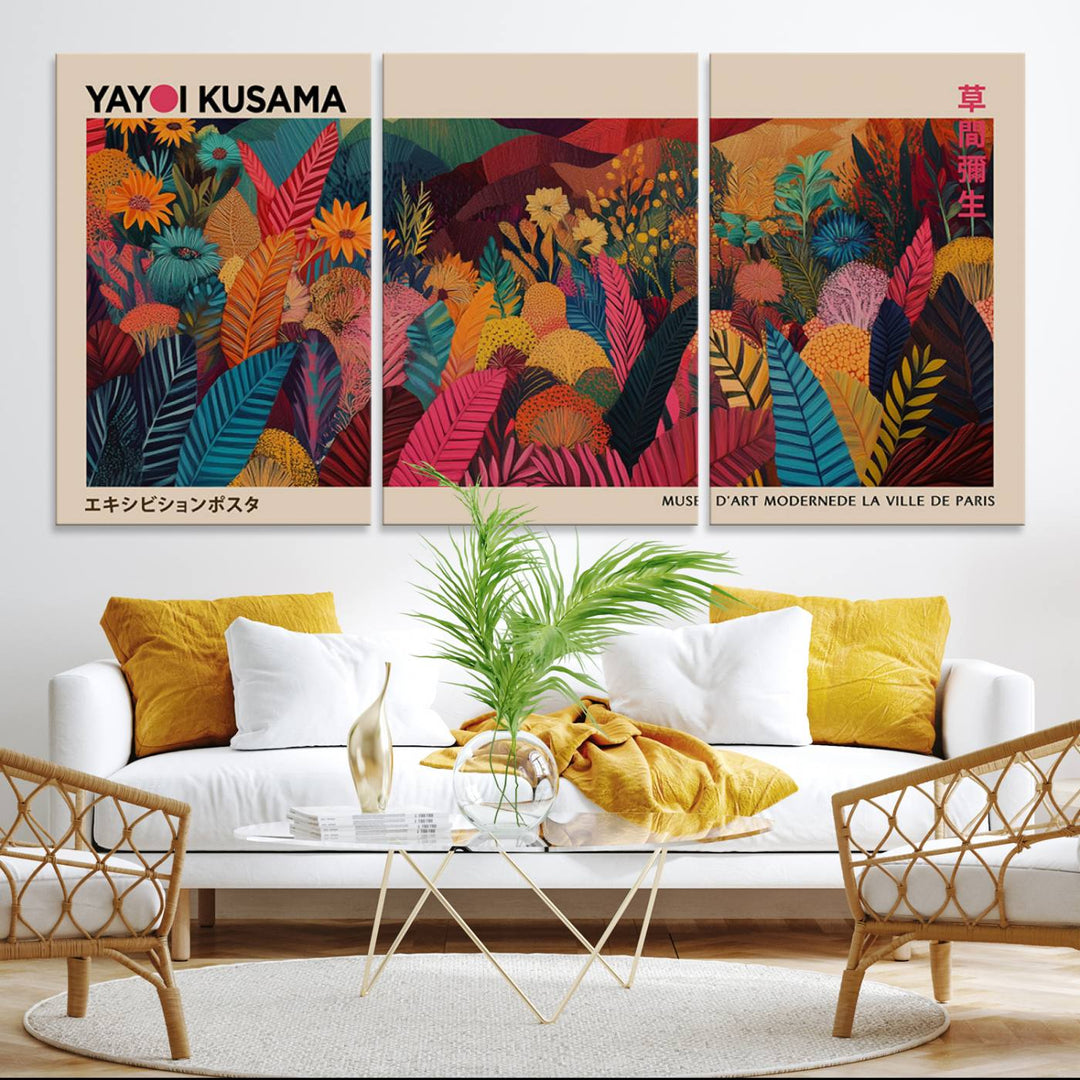 A Yayoi Kusama Wall Art Canvas Print is framed by a window and potted plant.