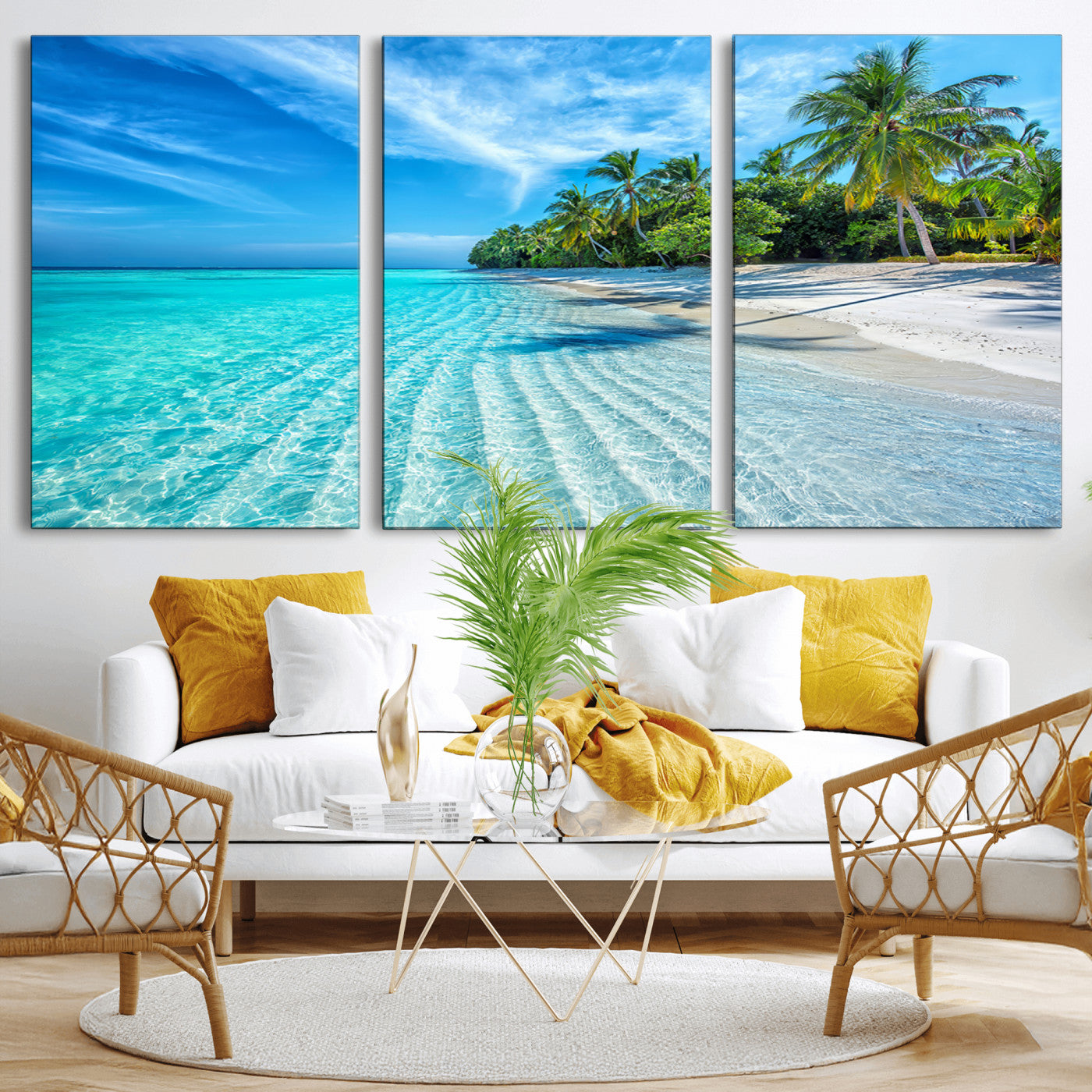 MGV-CV-60X30-3P - Tropical Beach Wall Art Canvas Print - Serene Ocean Landscape with Crystal Clear Turquoise Water and