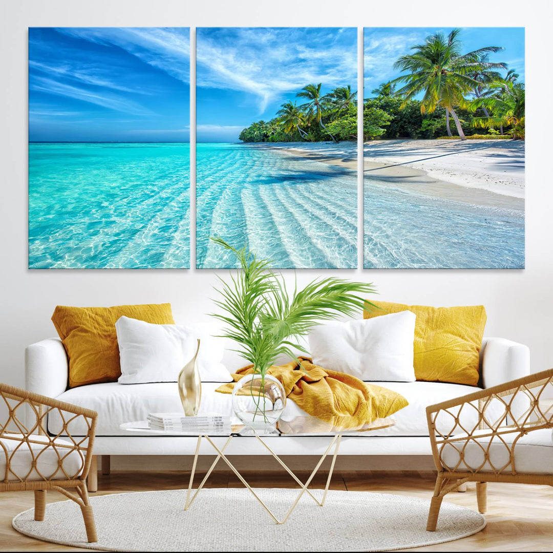 The Tropical Beach Wall Art Canvas Print features turquoise water and palm trees.