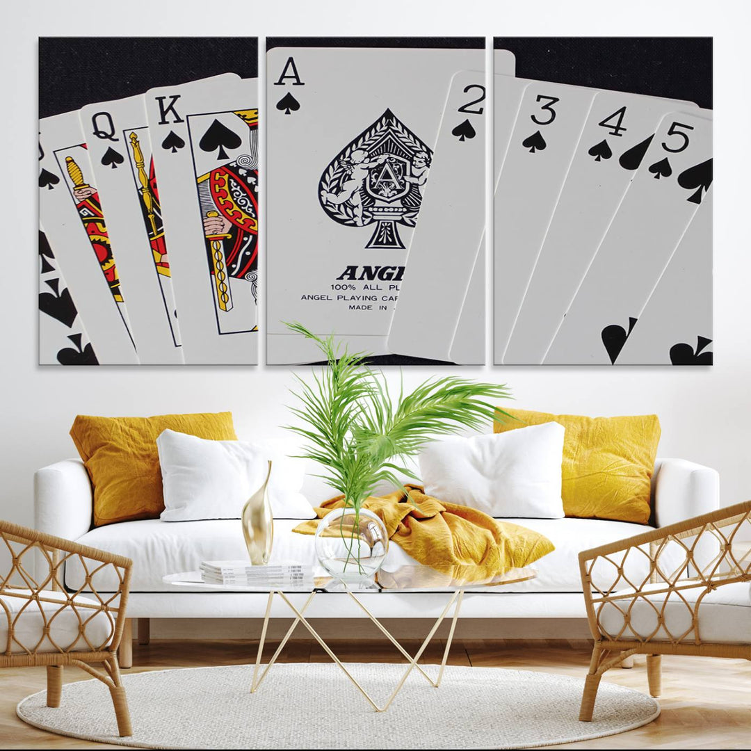 The oversized Poker Wall Art features the Ace of Spades and is displayed on a porch.