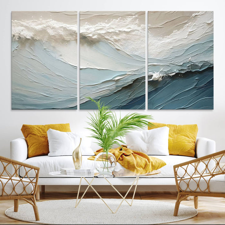 Waves Abstract Wall Art Print displayed on a porch with white siding.