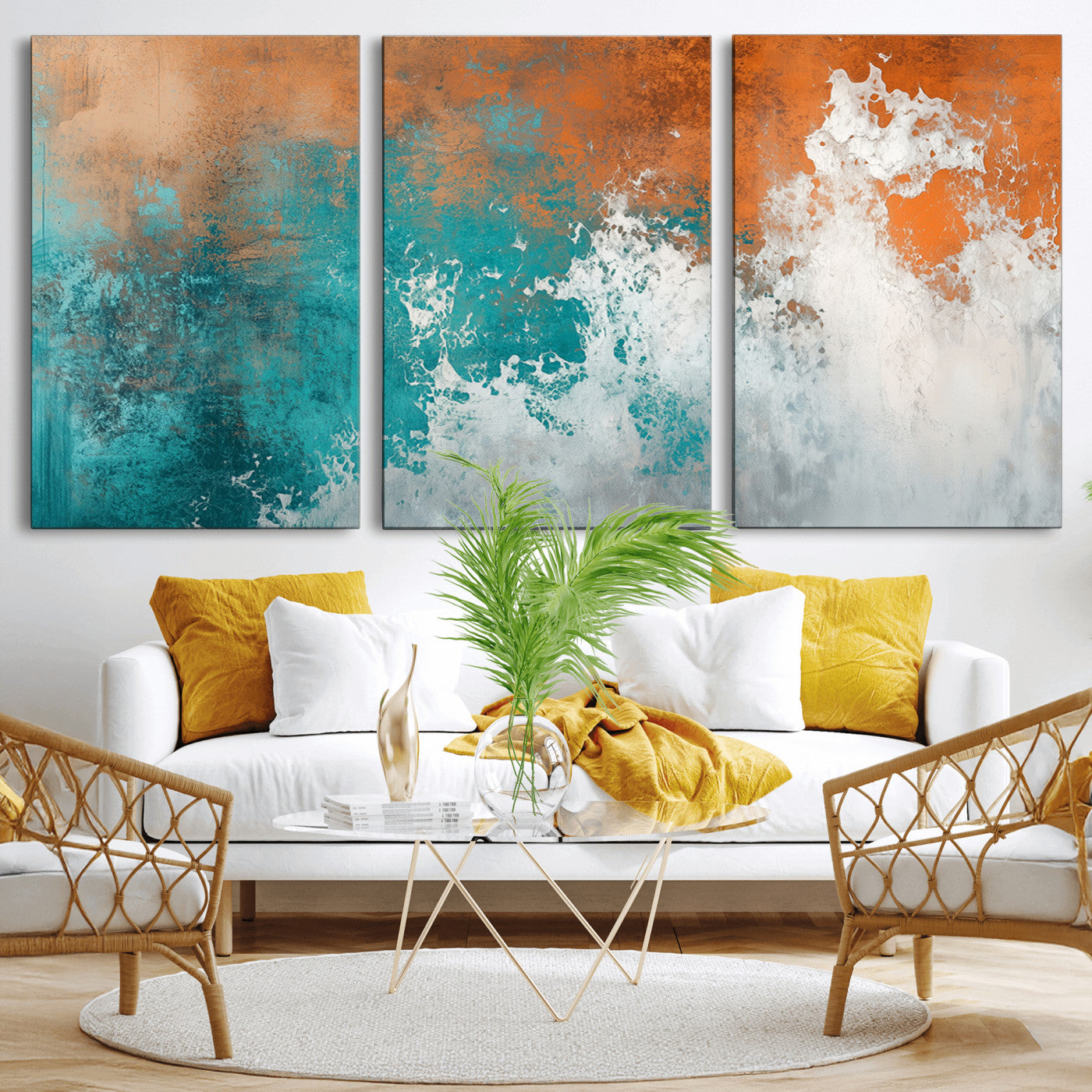 MGV-CV-60X30-3P - Vintage Abstract Print - Bold Teal and Orange Canvas Wall Art - Retro-Vintage Abstract Orange Canvas