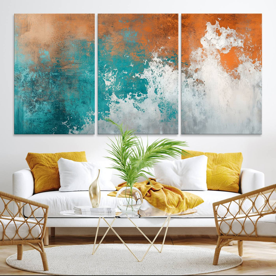 The Vintage Abstract Print - Bold Teal and Orange Canvas Wall Art is displayed on a porch.