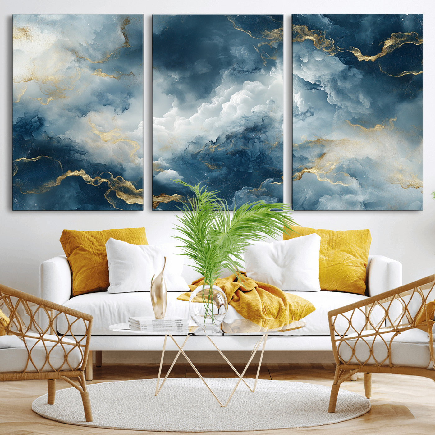 MGV-CV-60X30-3P - Large Abstract Print - Luxe Blue and Gold Abstract Canvas Wall Art - Bold Cloudscape Canvas for