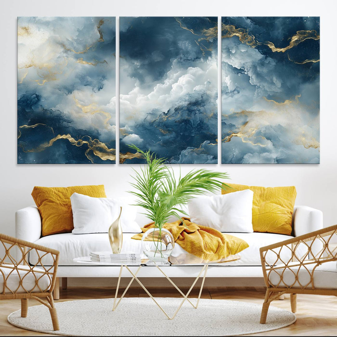 Luxe Blue and Gold Canvas Wall Art - a large abstract print.